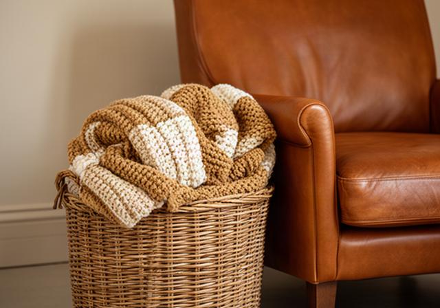 Camelkleurige gebreide plaid opgerold in een mand naast een cognackleurige fauteuil