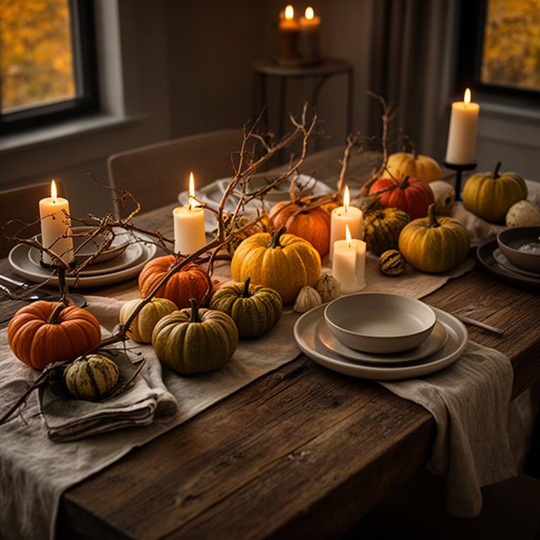 Herfsttafel met kalebassen, linnen servetten en brandende kaarsen